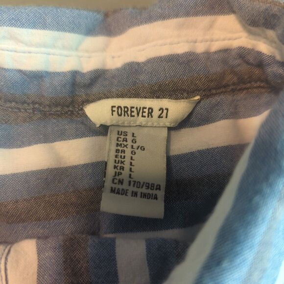 Forever 21 Button Front Shirt Womens Large Blue Stripe Tie Beach Coastal - Picture 4 of 5